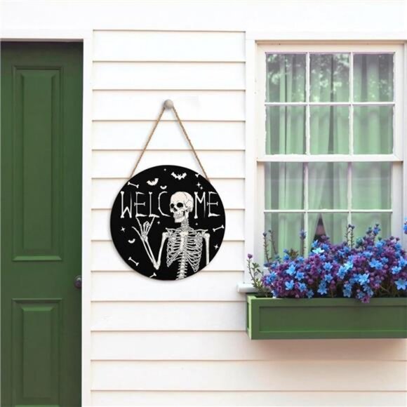 Halloween Skull Welcome Door Sign 12x12 Inch Halloween Wreaths for Front Door - Picture 6 of 8